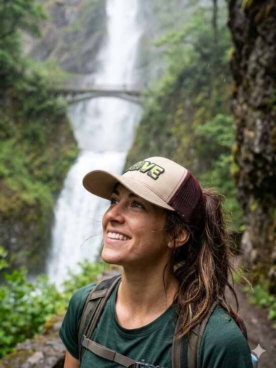 Dirt Road Rigs Accessories - LOVE PNW Patched Khaki/Maroon Mesh Snapback Trucker Hat